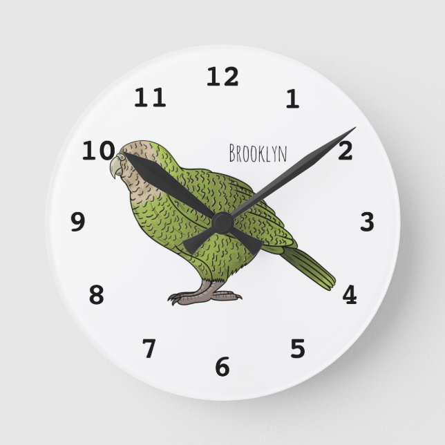 Kakapo bird cartoon illustration round clock (Front)