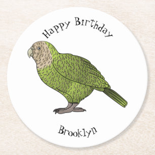 Kakapo bird cartoon illustration  round paper coaster