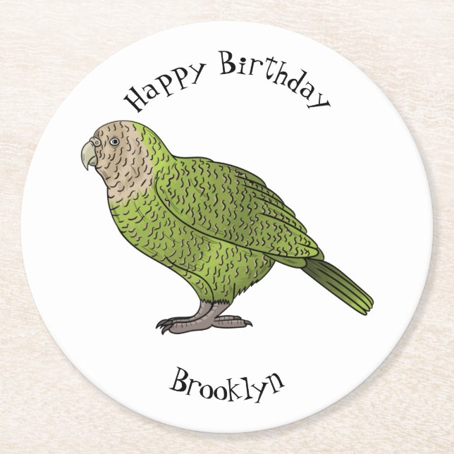 Kakapo bird cartoon illustration  round paper coaster (Front)