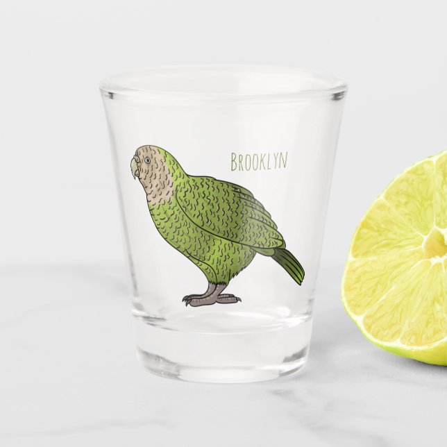 Kakapo bird cartoon illustration  shot glass (Front)