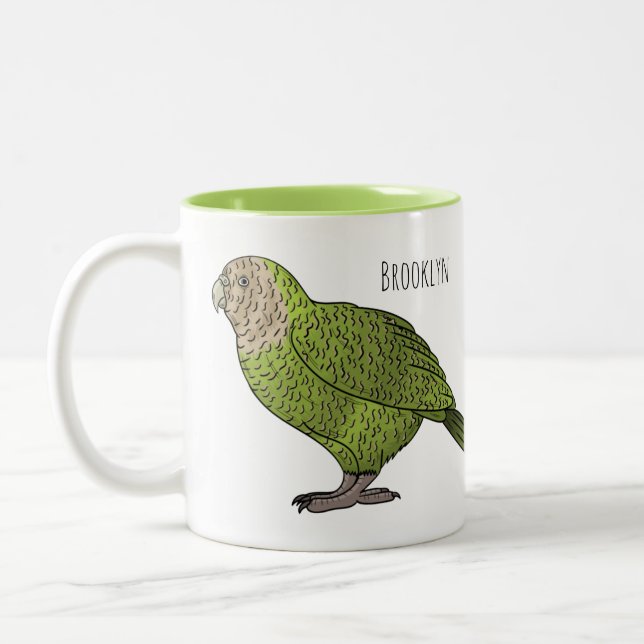 Kakapo bird cartoon illustration  Two-Tone coffee mug (Left)