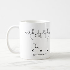 Mug featuring the name Kal spelled out in the single letter amino acid code