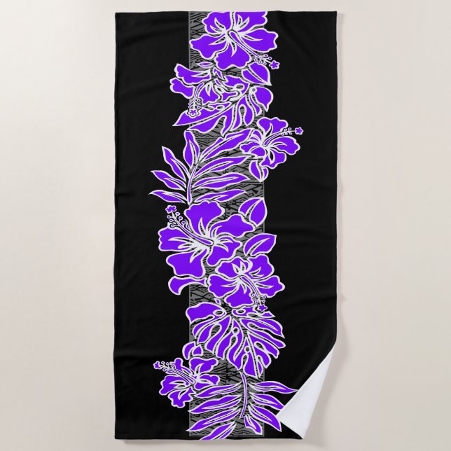 Kalaheo Hawaiian Hibiscus Floral Tapa - Purple Beach Towel (Front)