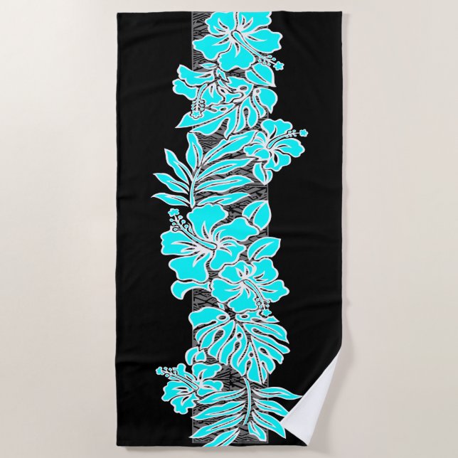 Kalaheo Hawaiian Hibiscus Floral Tapa - Turq Beach Towel (Front)
