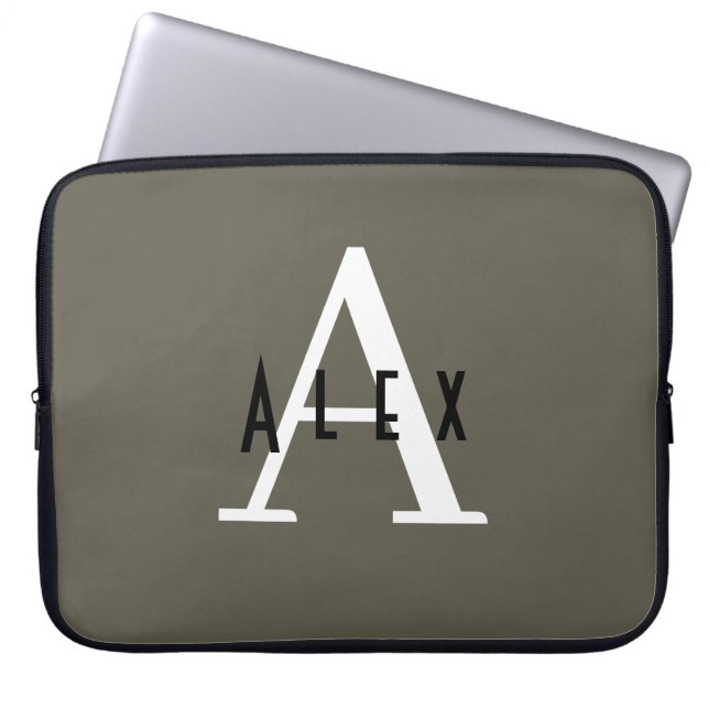 Kalamata Olive Green Brown Modern Custom Monogram Laptop Sleeve (Front)