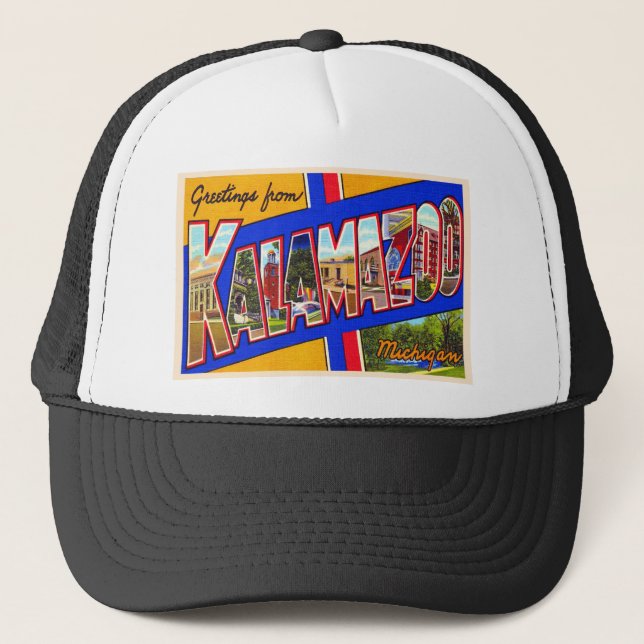 Kalamazoo Michigan Vintage Large Letter Postcard Trucker Hat (Front)