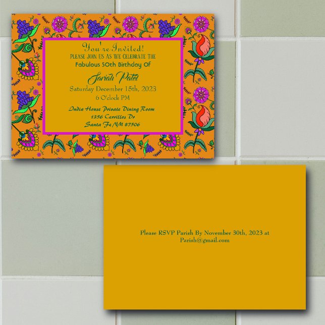 Kalamkari Birthday Flowers Colourful Yellow  Invitation (Creator Uploaded)