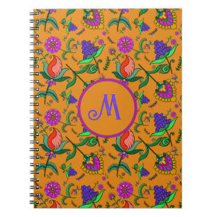 Kalamkari Colorful Flowers Yellow Background Green Notebook