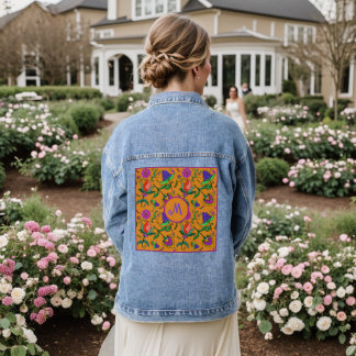Kalamkari Colourful Flowers Yellow Background Gree Denim Jacket