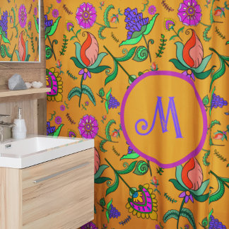 Kalamkari Colourful Flowers Yellow Background Gree Shower Curtain