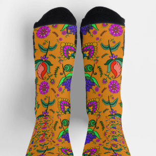 Kalamkari Colourful Flowers Yellow Background Gree Socks