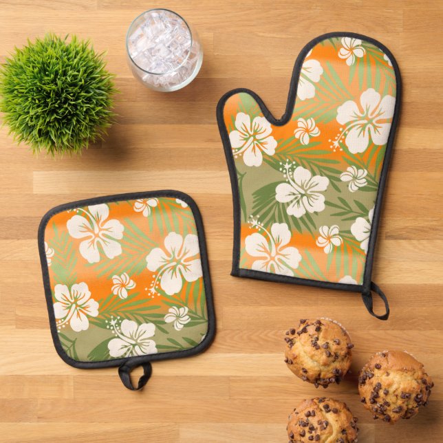 Kalani Tie Dye Blend Tropical Hibiscus Khaki Oven Mitt & Pot Holder Set (Top Down)