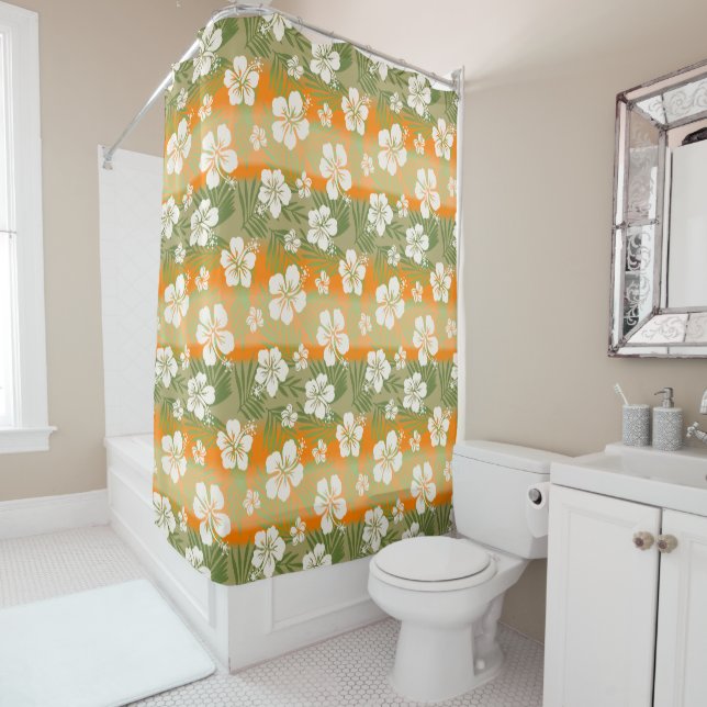 Kalani Tie Dye Blend Tropical Hibiscus - Orange Shower Curtain (In Situ)
