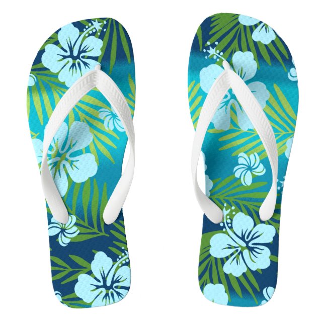 Kalani Tie Dye Blend Tropical Hibiscus - Teal Flip Flops (Footbed)