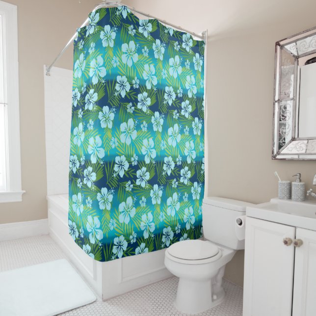 Kalani Tie Dye Blend Tropical Hibiscus - Teal Shower Curtain (In Situ)