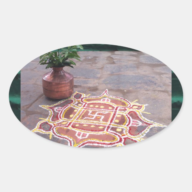 Kalas Vase swastika rangoli indian wedding Symbols Oval Sticker (Front)