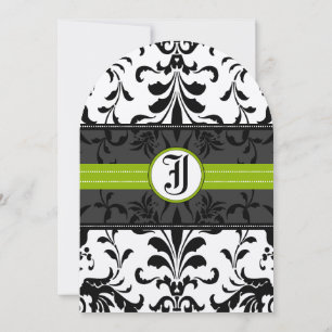 Kale Green Monogram Damask Wedding Invitation