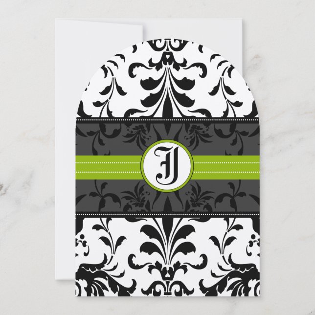 Kale Green Monogram Damask Wedding Invitation (Back)