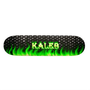 Kaleb green fire and flames skateboard design.