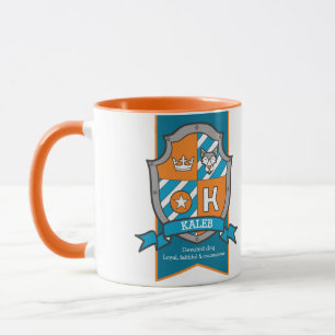 Kaleb letter K crest orange teal name meaning Mug
