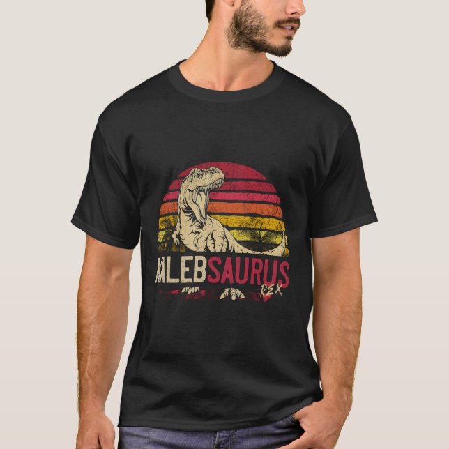 Kaleb Saurus Funny Personalised Dinosaur T Rex Nam T-Shirt (Front)