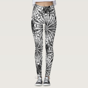 KALEIDOSCOPE BLACK WHITE RADIAL REPEAT PATTERN LEGGINGS