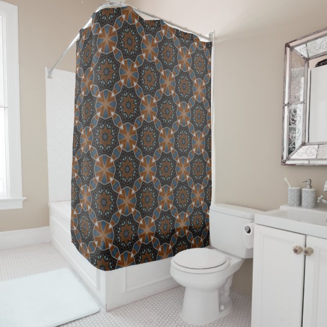 Kaleidoscope Brown Star pattern small diag Shower Curtain (In Situ)