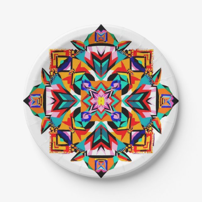 Kaleidoscope Burst: A Modern Tribal Mandala Paper Plate (Front)
