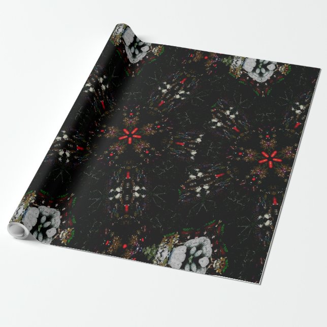 Kaleidoscope Design Black Red Floral Pattern Wrapping Paper (Unrolled)