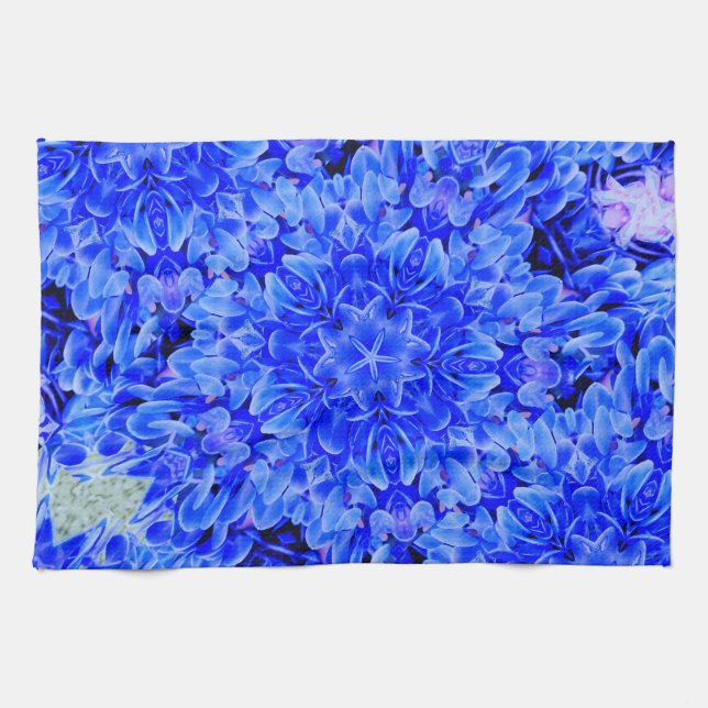 Kaleidoscope Design Blue Purple Floral Art Tea Towel (Horizontal)