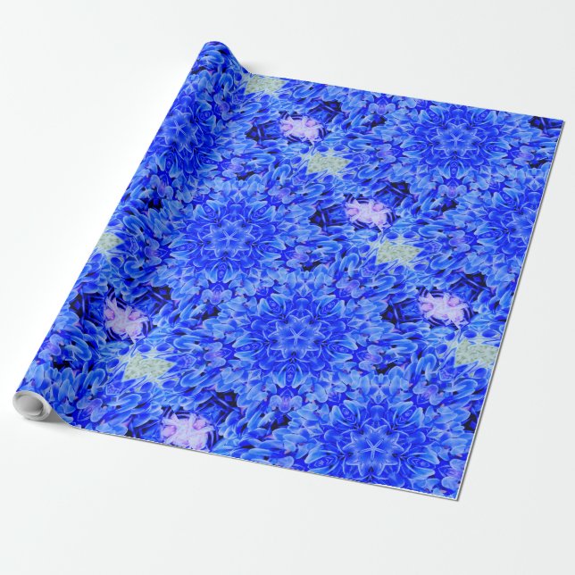 Kaleidoscope Design Blue Purple Floral Art Wrapping Paper (Unrolled)