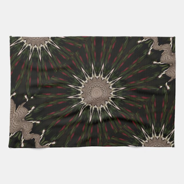 Kaleidoscope Design Dark Green Red Brown Tea Towel (Horizontal)
