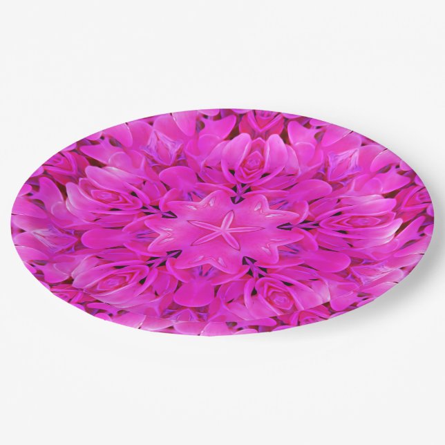 Kaleidoscope Design Hot Pink Floral Party Plates (Angled)