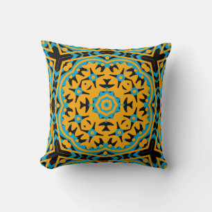 Kaleidoscope Design, Light Blue, Gold, Black Cushion