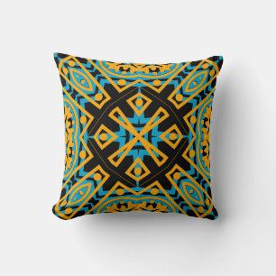 Kaleidoscope Design, Light Blue, Gold, Black Cushion