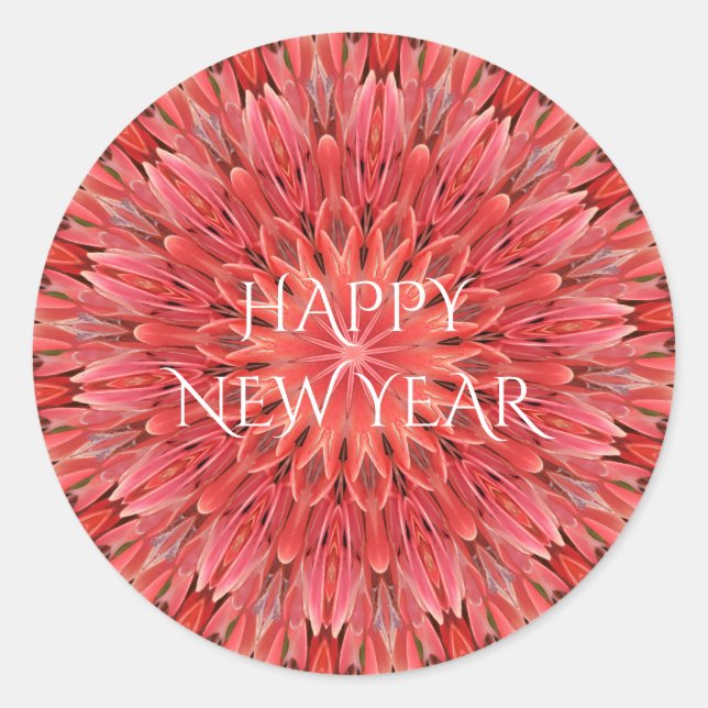 Kaleidoscope Design Red Flower Happy New Year Text Classic Round Sticker (Front)