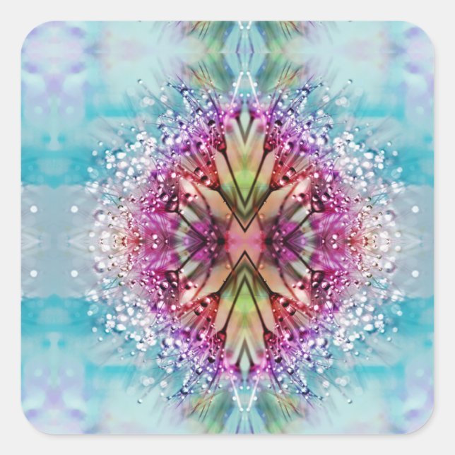 Kaleidoscope Dewdrops: Abstract Floral Art Square Sticker (Front)