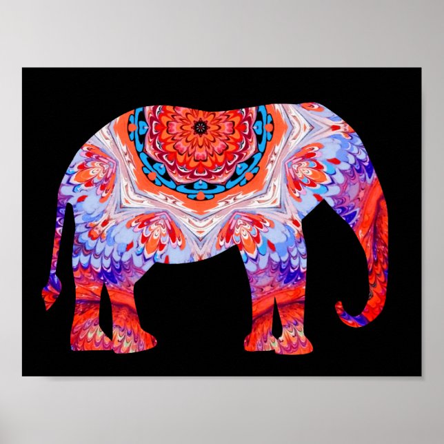 Kaleidoscope Elephant Poster in Blue and Orange (Front)