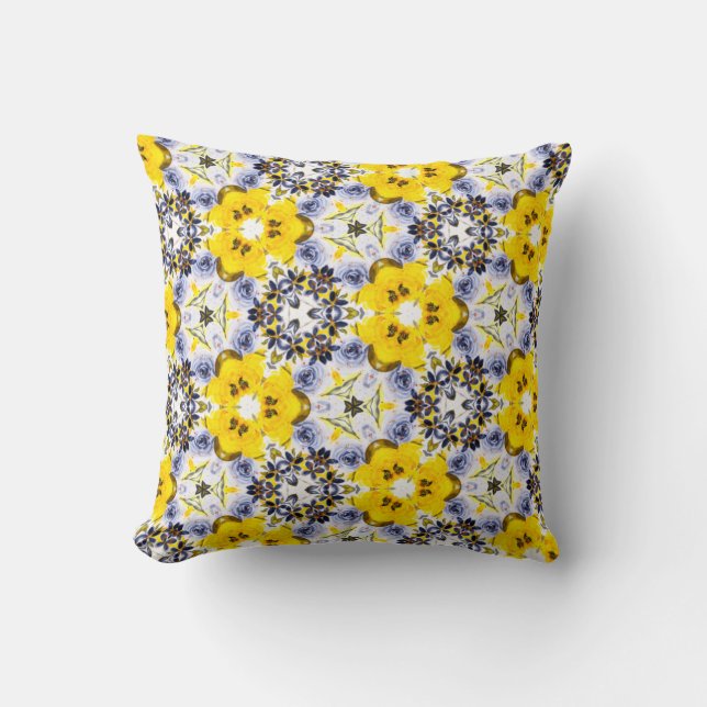 Kaleidoscope Floral in Yellow,Blue, Grey Cushion (Front)