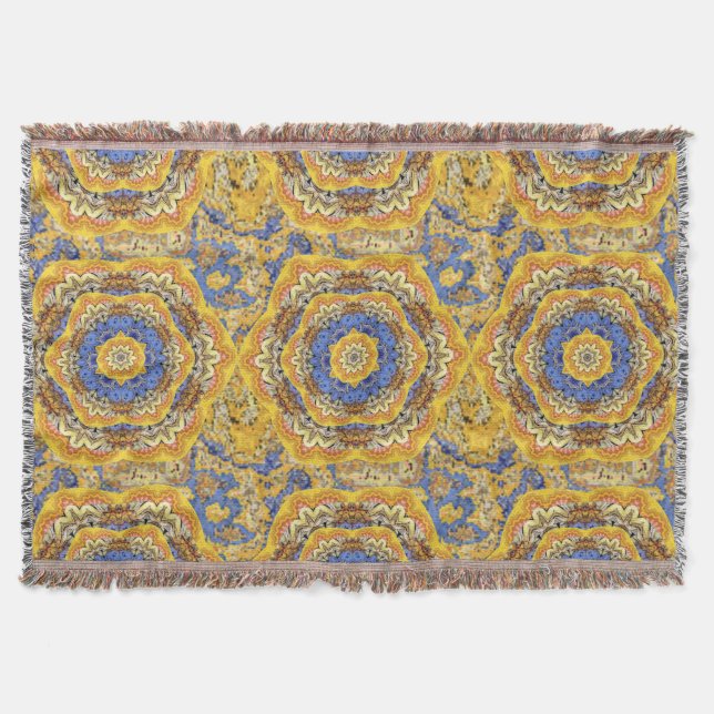 Kaleidoscope Floral Luxury Blue Golden Yellow Mix Throw Blanket (Front)