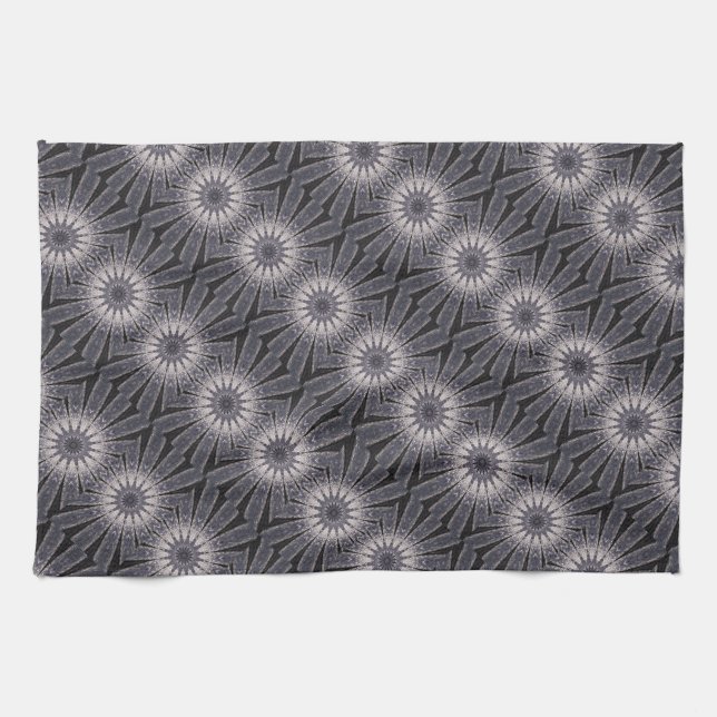 Kaleidoscope Flower Shades of Blue and Grey Tea Towel (Horizontal)