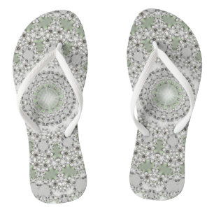 Kaleidoscope Fractal Mandala - grey green Flip Flops