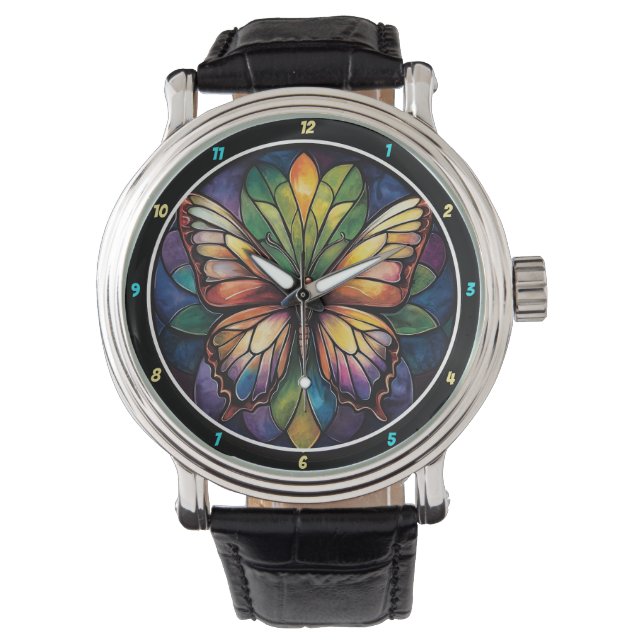 Kaleidoscope Garden" - Stained Glass Butterfly Watch (Front)