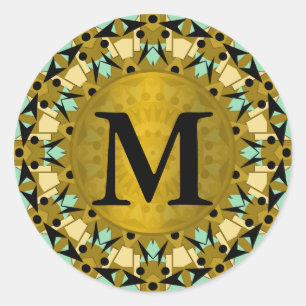 Kaleidoscope Gold, Green Monogram Round Sticker