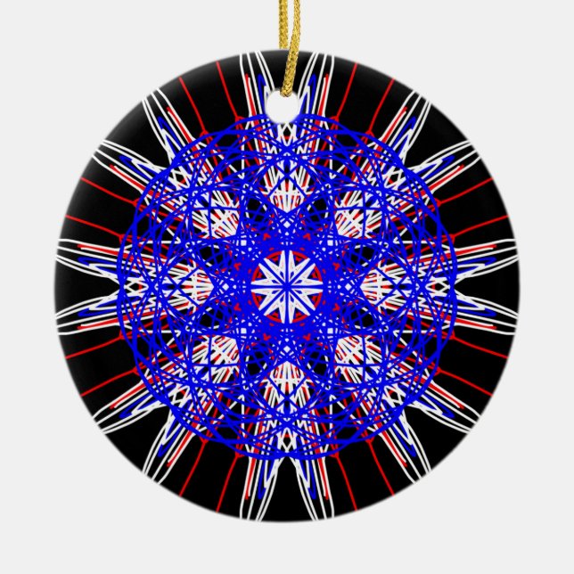 kaleidoscope mandala art black red white blue ceramic tree decoration (Front)