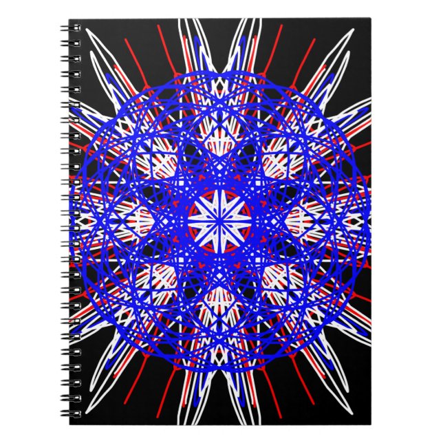 kaleidoscope mandala art black red white blue notebook (Front)