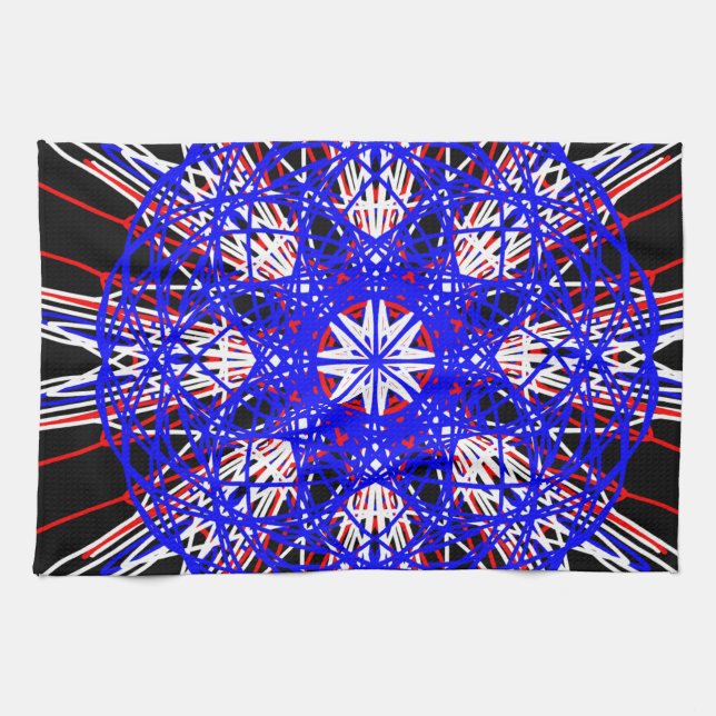 kaleidoscope mandala art black red white blue tea towel (Horizontal)