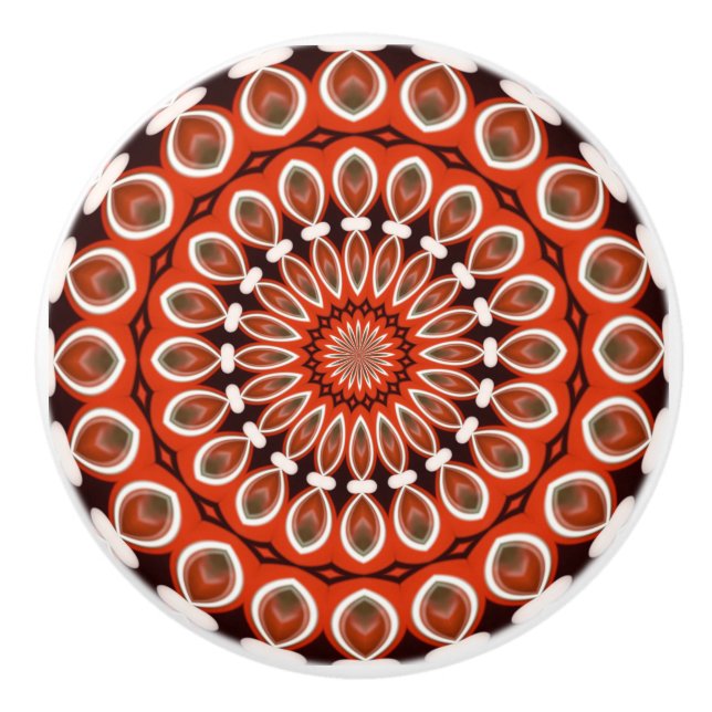 Kaleidoscope Mandala ceramic knob in red black (Front)