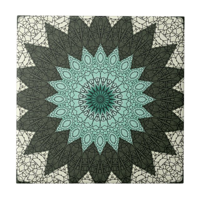 Kaleidoscope Mandala in Green and Blue Tile (Front)