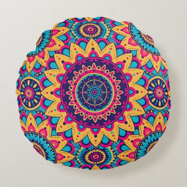 Kaleidoscope Mandala Symphony Round Pillow (Front)